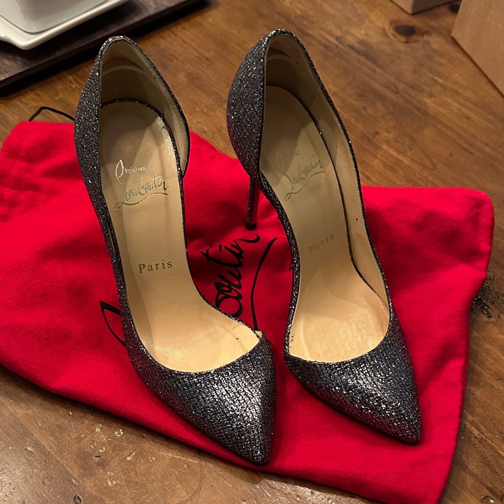 Christian Louboutin Glitter Pointed Toe Pumps in Black and Silver size 5.5/ 35.5